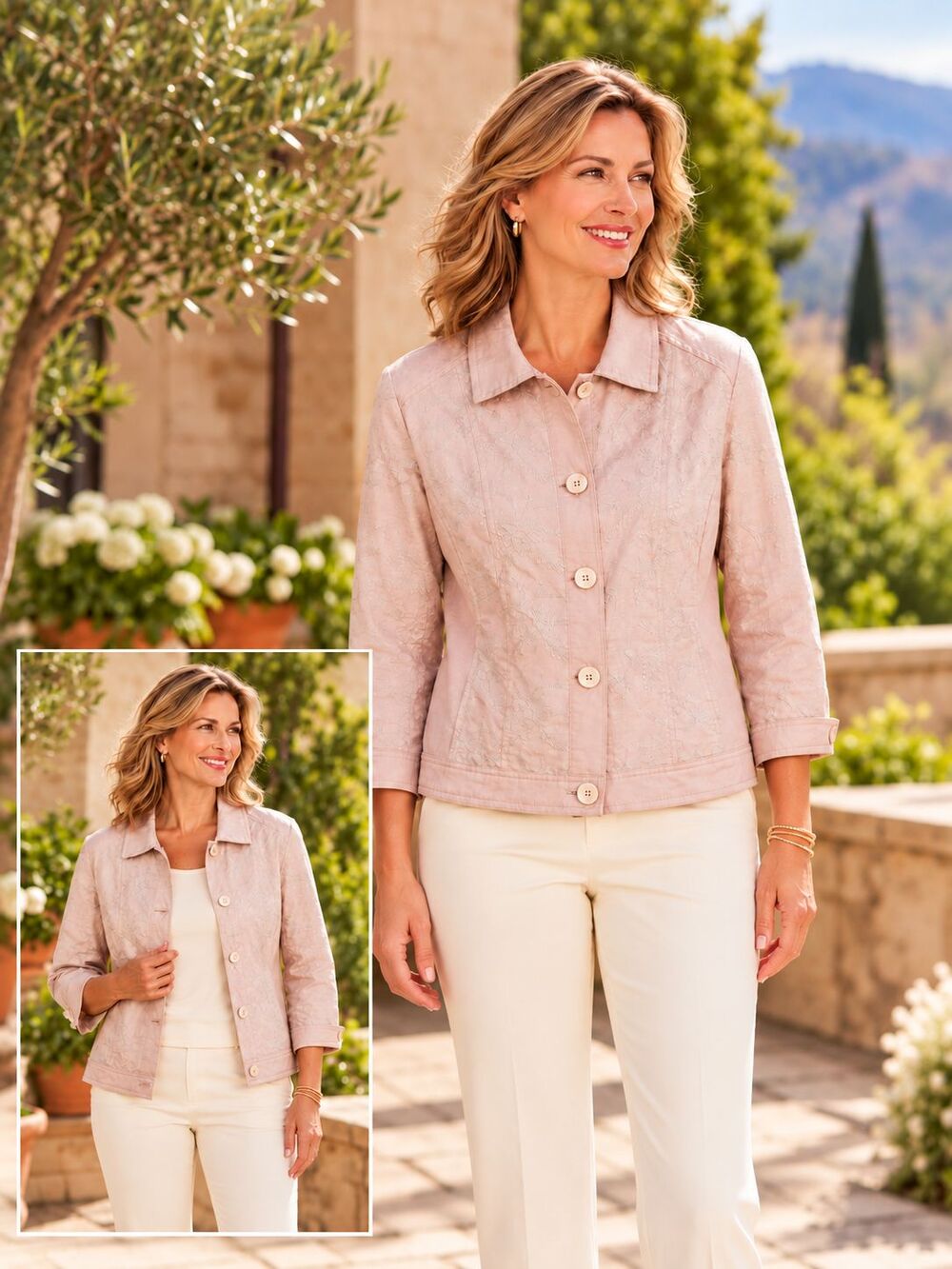 Chico’s Size 2/Medium Pink Embroidered Floral Linen Blend Jacket 3/4 Sleeve
